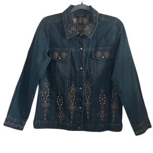 Denim & Co 90’s Stylish Denim Jacket with intricate metallic embroidery S EUC